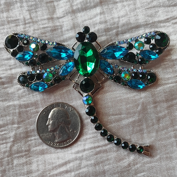 Rhinestone Oversized Huge Dragonfly Brooch Pendant Emerald Green Aqua Silver NEW - Picture 4 of 6